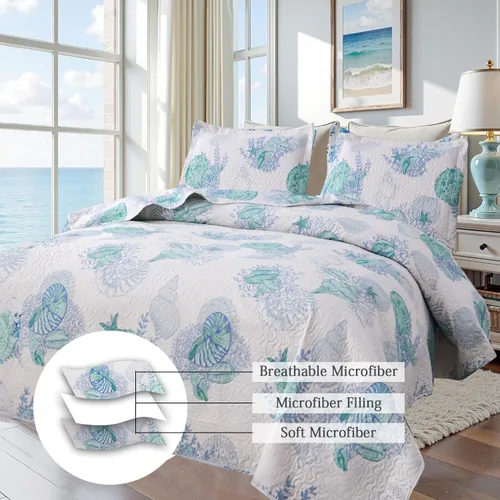 Miniatura 2 de Hailea Edredón oceánico tamaño matrimonial/queen, ropa de cama costera ligera para verano, playa, colcha náutica, conchas de mar azul, sábana con 2