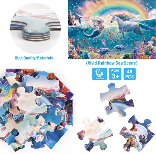 Miniatura 4 de Rompecabezas de suelo jumbo para niños de 4 a 8 años, rompecabezas submarino de unicornio y sirena de 48 piezas, juguetes educativos grandes