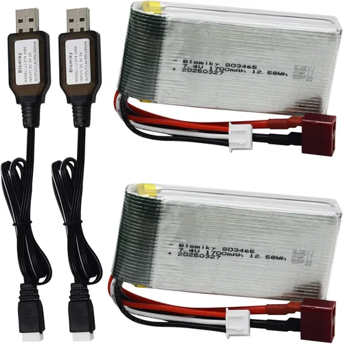 Miniatura 8 de Blomiky Paquete de 2 baterías Lipo de 7.4V 1600mAh 12.58Wh 30C con enchufe T y cables USB para camiones RC a escala 1:10 200E 9200 9200E 9205E 9206E