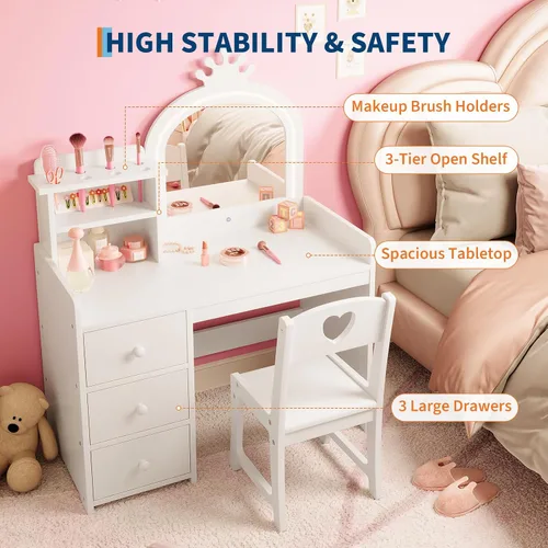 Miniatura 3 de GarveeHome Escritorio de tocador para niños con espejo y luces, tocador de madera de princesa blanca con silla, estantes de almacenamiento y White1