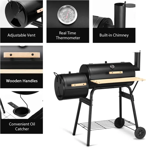 Miniatura 4 de Giantex Parrilla de carbón para barbacoa con ahumador desplazado, termómetro y amortiguador ajustable, ahumador para cocinar carne, ahumador