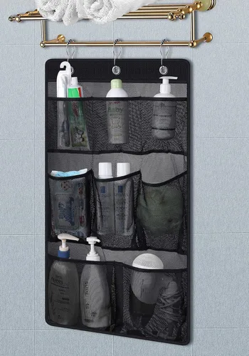 Miniatura 6 de KIMBORA Organizador de ducha de malla para colgar en el baño, con 2 bolsillos grandes, 3 anillos, barra de cortina colgante para dormitorio, Negro