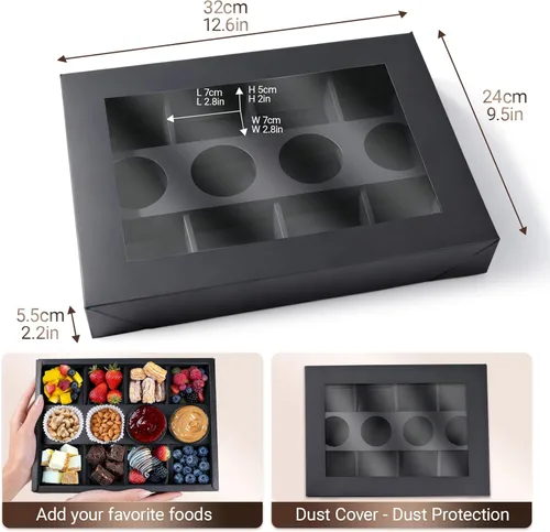 Miniatura 10 de Caja de pastelería desechable de 8 compartimentos con tapas, 10 unidades, caja negra dividida para panadería con soporte para inmersión para 4-6