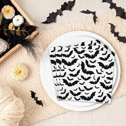 Miniatura 5 de AnyDesign Paquete de 80 servilletas de papel de Halloween de 6.5 x 6.5 pulgadas, servilletas de papel desechables de murciélago negro, servilletas