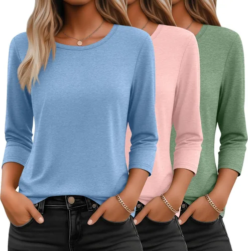 Miniatura 33 de Ficerd Paquete de 3 camisetas de manga 3/4 para mujer, cuello redondo, camisetas básicas elegantes, casuales, modernas, holgadas