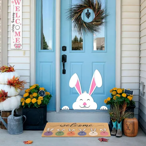 Miniatura 2 de XuoAz Felpudo decorativo de Pascua para puerta de entrada al aire libre, conejito de Pascua, antideslizante, fibra de coco para la decoración