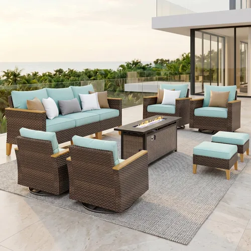 Miniatura 29 de PHI VILLA Otomana de mimbre para patio, 2 piezas, asiento otomano de mimbre para todo tipo de clima, reposapiés para exteriores con cojines