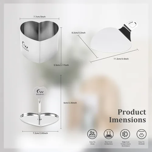 Miniatura 4 de Paquete de 2 Aros para Pastel Sin Costuras en Forma de Corazón Molde para Hornear Mousse de Acero Inoxidable Molde de Comida Incluyendo 1 Empujador