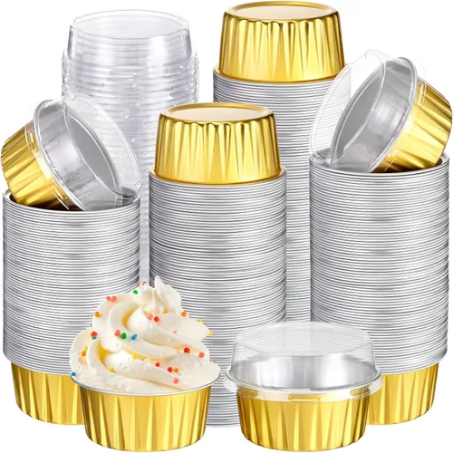 Gejoy 400 Piezas Moldes de Papel de Aluminio para Hornear con Tapas 5 oz Moldes Desechables Ramekins Mini Moldes para Pasteles Crème Brûlée Moldes