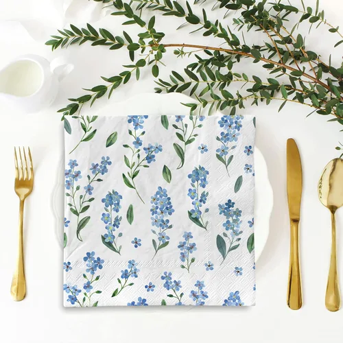 Miniatura 7 de AnyDesign Paquete de 80 servilletas de almuerzo florales azules, desechables, acuarela, flores, servilleta de papel, olvides de miosotis, Sylvatica