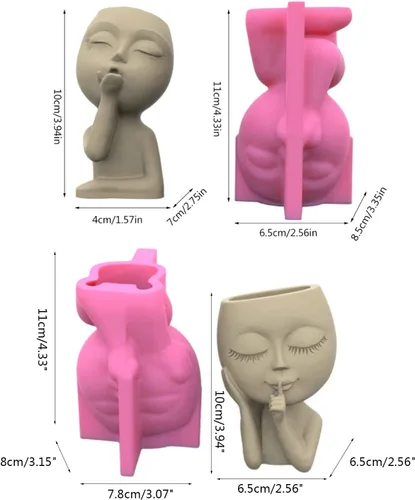 Miniatura 2 de Moldes de hormigón para macetas, 2 piezas de molde de silicona para macetas de figura de cabeza de niña pequeña, molde de silicona para decoración
