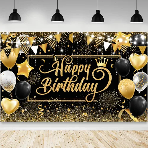 AIBIIN Telón de fondo de feliz cumpleaños para hombre, fondo de fotografía dorado, globos negros, decoraciones de fiesta de cumpleaños, pancarta,