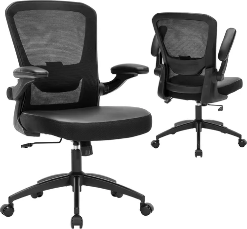 Miniatura 3 de Silla de oficina ergonómica ajustable de piel sintética con soporte lumbar, brazos abatibles, respaldo de malla transpirable, silla de escritorio