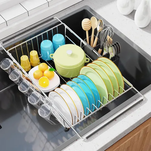 Simple Trending Escurridor de platos ajustable en el fregadero, escurridor de platos para cocina pequeña, encimera interior del fregadero, sobre el