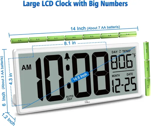 Miniatura 5 de WallarGe Reloj de pared digital grande de 14.5 pulgadas, funciona con pilas, con números gigantes, temperatura y fecha, fácil de leer y configurar