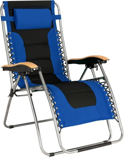 Goplus Sillón plegable de gravedad cero, silla de patio reclinable acolchada de gran tamaño con reposabrazos de haya y almohada para la cabeza,