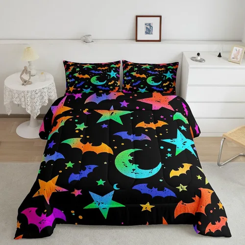 Miniatura 39 de Erosebridal Juego de ropa de cama de murciélago de Halloween, tamaño individual, juego de edredón de estrellas con purpurina y galaxia para niños