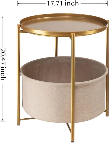 Miniatura 3 de danpinera Mesa auxiliar redonda con cesta de almacenamiento de tela, mesa auxiliar pequeña de metal, mesita de noche con bandeja extraíble para sala