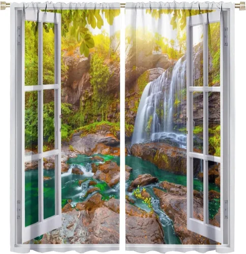 Miniatura 35 de Cortinas de paisaje, ventana tropical con vista al mar, océano, playa, barco, cortinas con estampado de palmeras para dormitorio, sala de estar, Mar