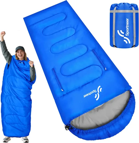 Sportneer Saco de dormir portátil para adultos y niños - Caminable con cremalleras en los brazos, clima cálido e impermeable frío, compacto para Azul