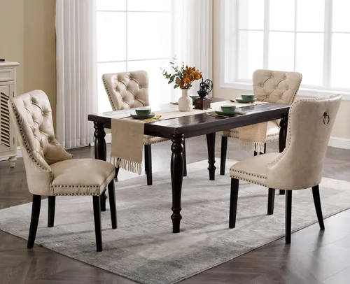 Miniatura 5 de EALSON Juego de 2 sillas de comedor modernas de cuero de mediados de siglo con patas de madera, sillas laterales de cocina tapizadas con ribete