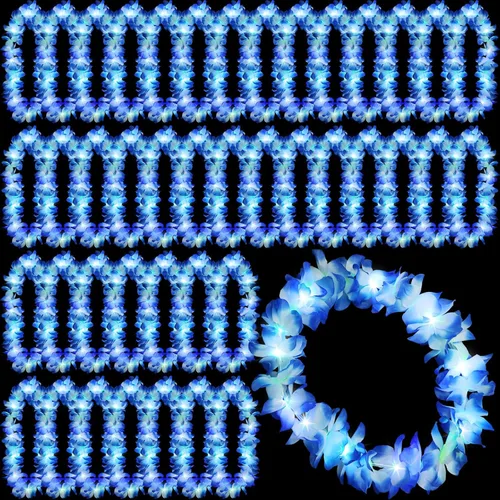 Miniatura 30 de Sherr 24 piezas Collares de leis LED iluminados, collares de flores hawaianas con luces LED para bodas, playa, tropical, carnaval, suministros