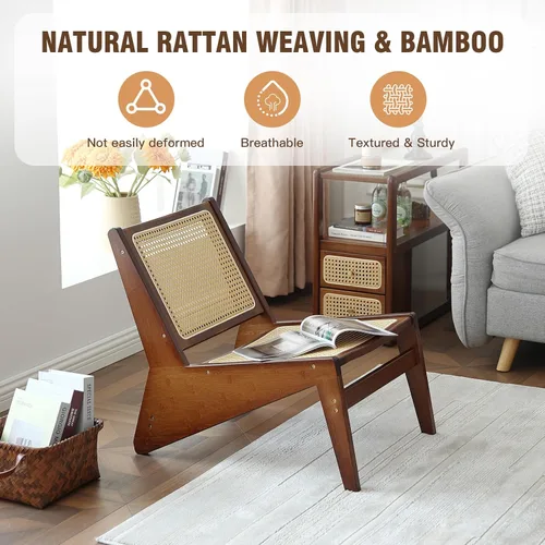 Miniatura 4 de Welnow Silla decorativa de ratán de mediados de siglo, silla de salón de madera de bambú con respaldo de caña tejida, sillón bajo para sala
