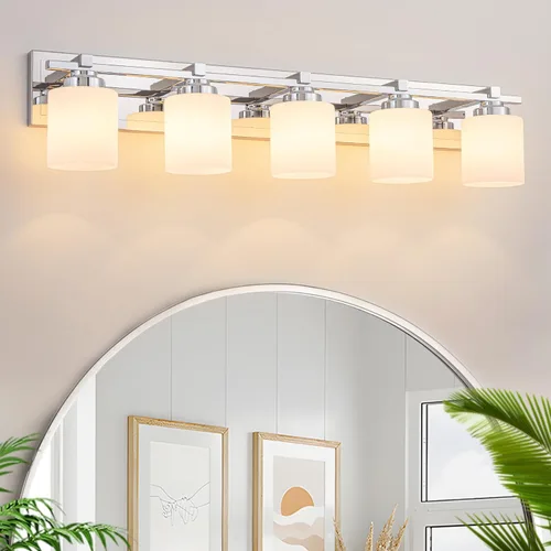 Miniatura 18 de 1 Luminaria Moderna de Baño sobre Espejo, Luces de Tocador Negro Dorado para Apliques de Pared de Baño con Pantallas de Vidrio Blanco Lechoso