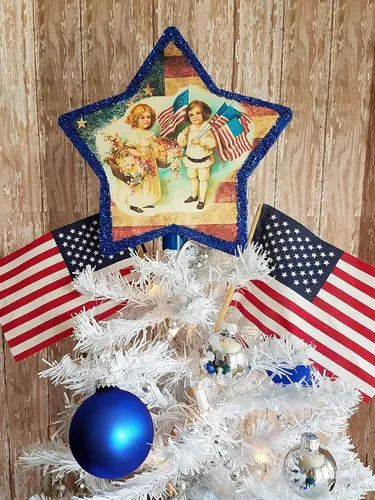 Decoración patriótica para árbol de Navidad victoriana vintage hecha a mano, color rojo, blanco y azul, estrella para árbol de Navidad, estilo