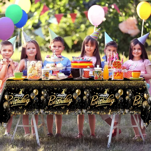 Miniatura 7 de Decoraciones de feliz cumpleaños, mantel dorado y negro, fundas rectangulares de plástico desechables para hombres y mujeres, fiesta de cumpleaños