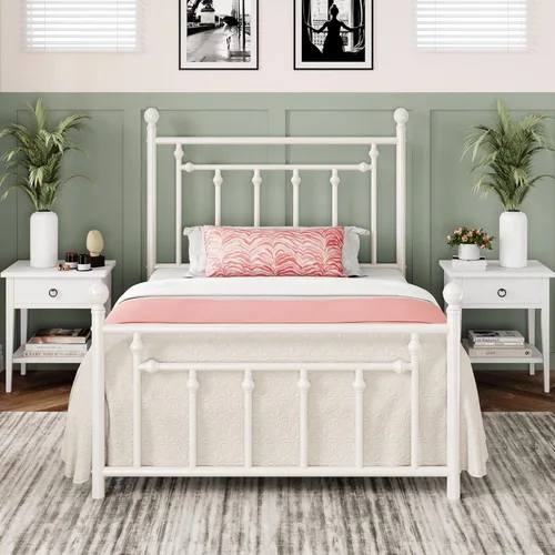 Miniatura 13 de Allewie Armazón de Cama de Plataforma de Metal de 14 Pulgadas Tamaño Queen con Cabecera y Pie de Cama Vintage Victoriano/Base de Blanco