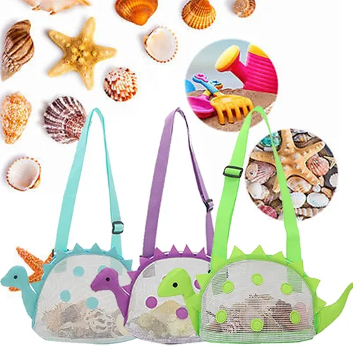 Miniatura 9 de Auon Bolsa de playa de malla para juguete de playa, bolsa de conchas para niños, bolsa de juguete de arena de dinosaurio para sostener conchas