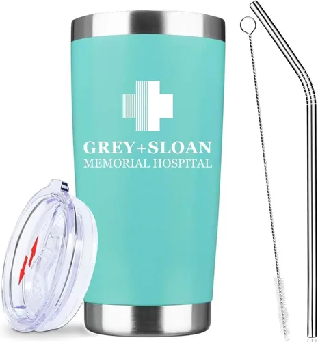 Miniatura 10 de Greys Grays Anatomy Merchandising, mercancía de programa de televisión, vaso de café helado de acero inoxidable aislado de 20 onzas con tapa, popote