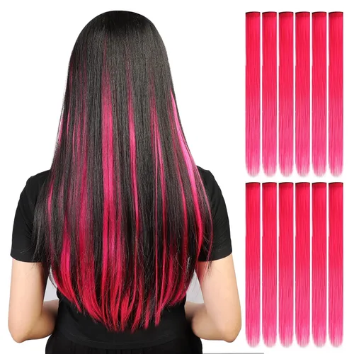 Miniatura 2 de 12 extensiones de cabello sintético lacio de colores de 22 pulgadas con pinza, para fiestas, para mujeres, niños y niñas, rosa C Rosa intenso