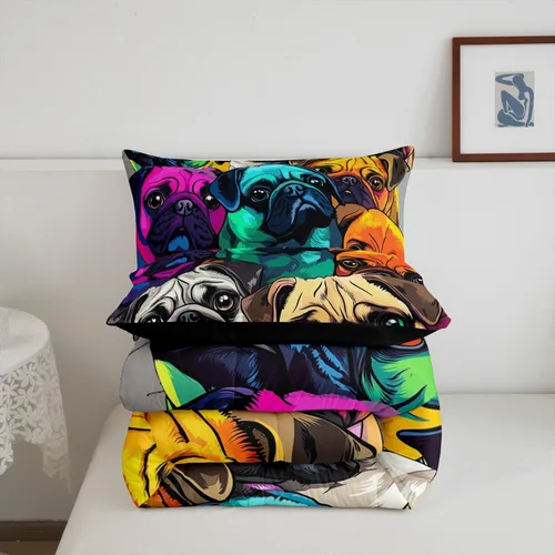 Miniatura 6 de Juego de edredón con diseño de Pug encantador, juego de cama con dibujos de perros Pug coloridos para niños y niñas, edredón de plumón con 1 edredón