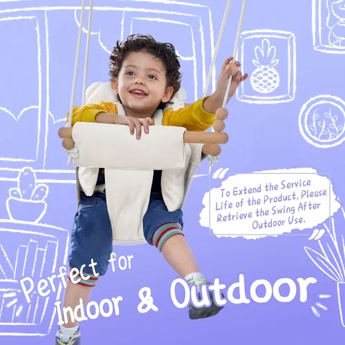 Miniatura 6 de Columpio para bebé para interiores y exteriores, asiento de columpio de lona y madera seguro para niños pequeños, arnés de seguridad ajustable de 3