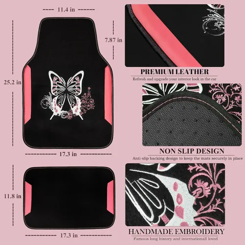 Miniatura 3 de CAR Pass Tapetes bordados de mariposa para automóvil, tapete de cuero rosa con almohadilla para el talón para mujeres lindas, ajuste universal