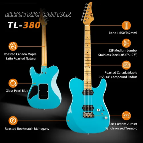 Miniatura 2 de EART TL-380 Guitarra eléctrica profesional para jugadores versátiles Cuello y diapasón de arce tostado, pastillas humbuckers con bobina dividida