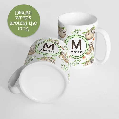 Miniatura 3 de Taza personalizada de perezoso para niños con nombre e inicial. Taza personalizada para niños pequeños con lindos perezosos colgantes. Sin BPA