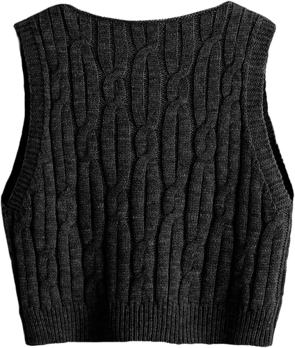 Miniatura 2 de Romwe Suéter corto de punto trenzado para mujer, estilo preppy, sin mangas, cuello en V, camiseta sin mangas