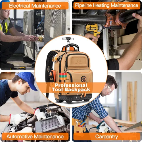 Miniatura 8 de Mochila de herramientas con rueda, mochila de herramientas rodantes para electricista, bolsa de herramientas con ruedas para trabajos de Marrón