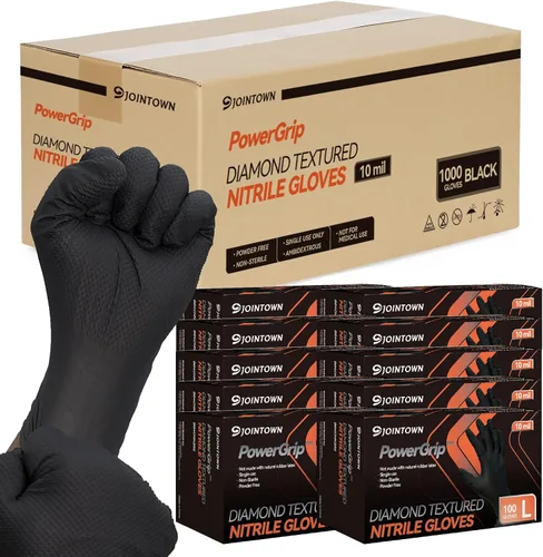 Miniatura 21 de Jointown Guantes de nitrilo resistentes mejorados de 10 mil, guantes mecánicos de nitrilo desechables, con textura de diamante elevado, caja de 100