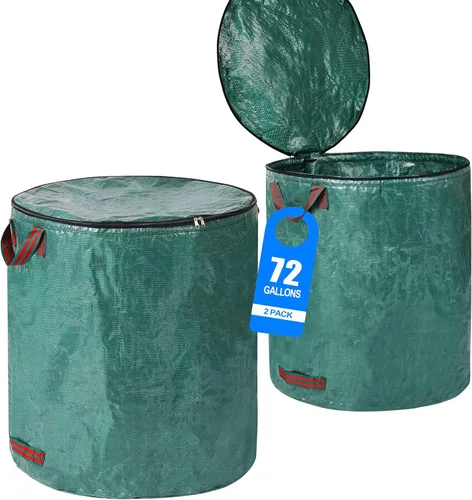 Miniatura 9 de Paquete de 2 bolsas de basura reutilizables de 32 galones con tapa con cremallera, bolsas de basura de jardín con 4 asas para exteriores