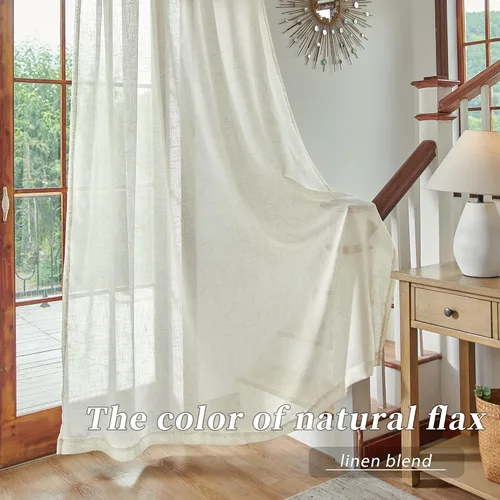 Miniatura 4 de Cortinas de lino transparente color crema de 96 pulgadas de largo para sala de estar, 2 paneles con bolsillo con pestaña trasera, suaves, naturales