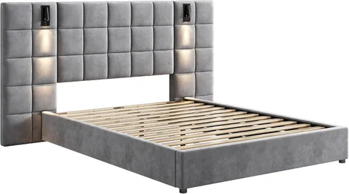Miniatura 4 de Base de cama tamaño King con cabecero de 46 pulgadas de alto, plataforma tapizada de terciopelo, cabecera de tela suave copetuda, lámparas