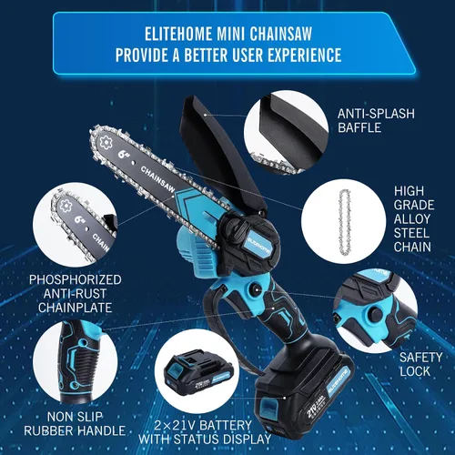 Miniatura 4 de EliteHome Mini Motosierra Inalámbrica de 6 Pulgadas con 2 Baterías, Motosierra Eléctrica Portátil de Mano, Motosierra Pequeña Alimentada por Batería