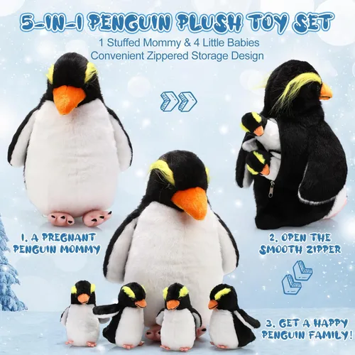 Miniatura 3 de Juego de 5 Juguetes de Peluche de Pingüino de 14 Pulgadas Pingüino Mamá Animal de Peluche con 4 Lindos Bebés en Vientre con Cremallera Peluche Suave