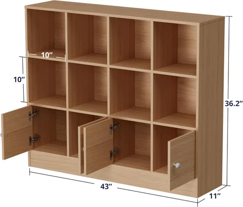 Miniatura 2 de Cozy Castle Estantería de madera de roble, estante organizador de almacenamiento de 12 cubos con 4 puertas, armario de almacenamiento de 3 niveles