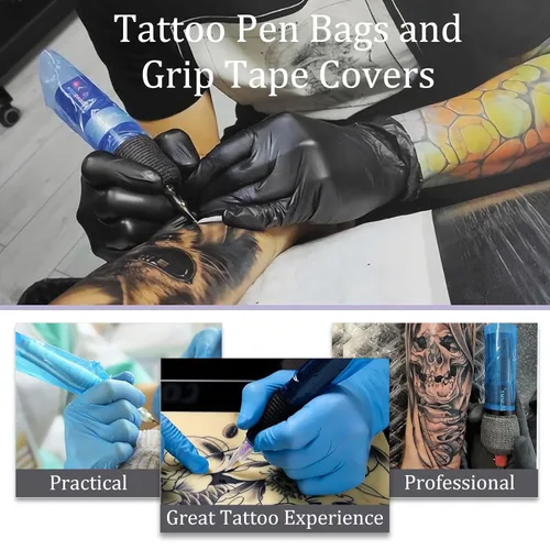 Miniatura 6 de Cubierta para máquina de bolígrafo de tatuaje y cintas de agarre, 200 piezas de fundas grandes para bolígrafos, bolsas para máquina y 4 envolturas