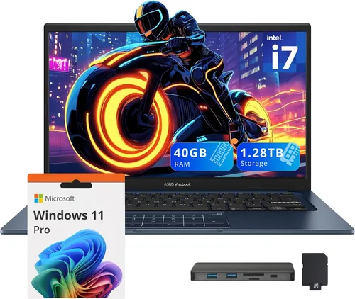 ASUS Vivobook - Laptop empresarial FHD de 14 pulgadas, Intel i7-1355U, 40 GB de RAM, 1.28 TB de almacenamiento (SSD de 1 TB + 288 GB de estación de